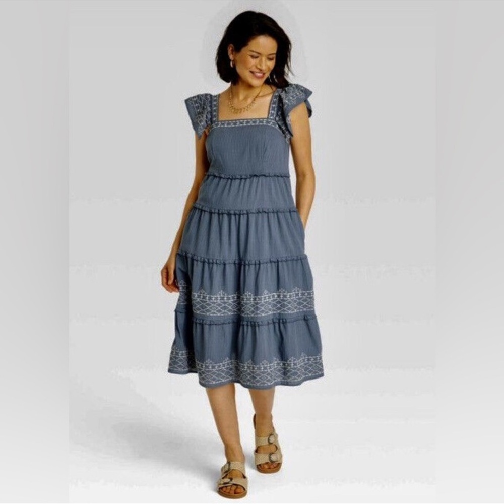 Knox Rose Blue Midi Dress with White Embroidery Size XL